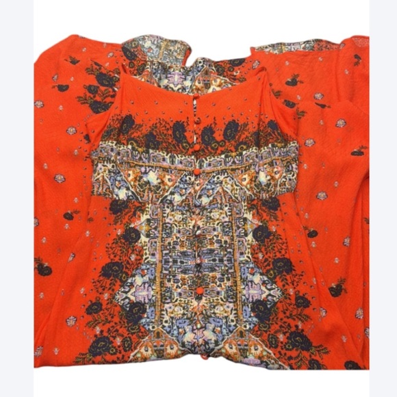Free People XS Red Boho Maxi Dress Festival Floral Lace Detail - Picture 8 of 10